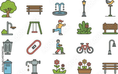Park Elements Icons Set tree bench