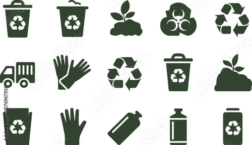 Green Recycling Icons with Trash Cans Gloves Plants and Symbols