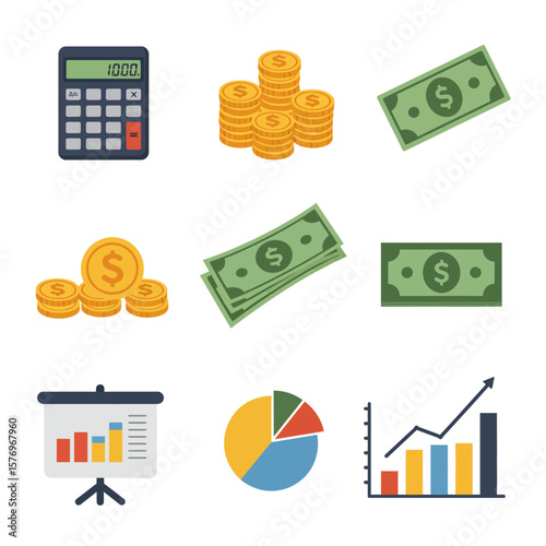 Collection of financial icons including calculator, coins, banknotes, pie chart, and graphs illustrating business growth and analysis.