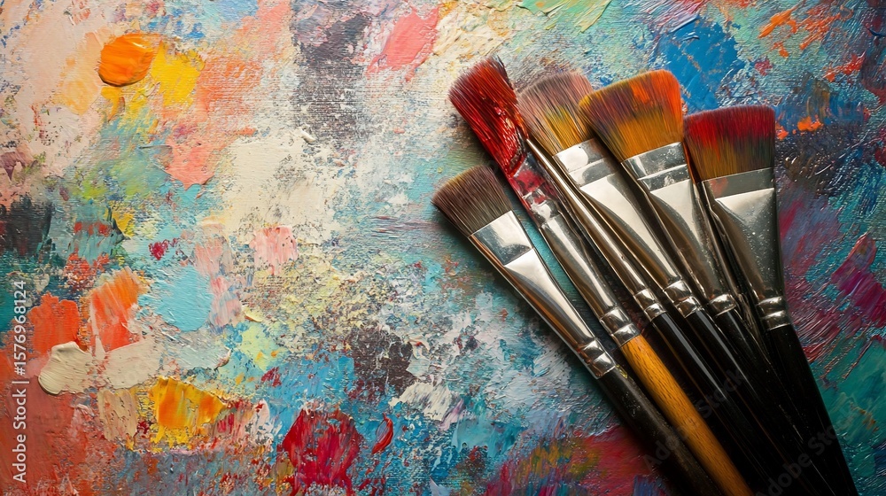Fototapeta premium Vibrant paintbrushes resting on a textured abstract painting palette