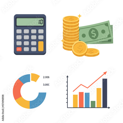 A vibrant collection of financial icons, including a calculator, coins, dollar bills, a pie chart, and a bar graph, ideal for illustrating financial concepts, business reports, or presentations on