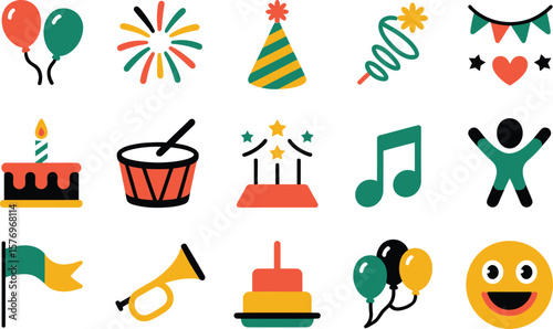 Colorful Party Icons Balloons Cake Confetti Drum Horn Smiley Face