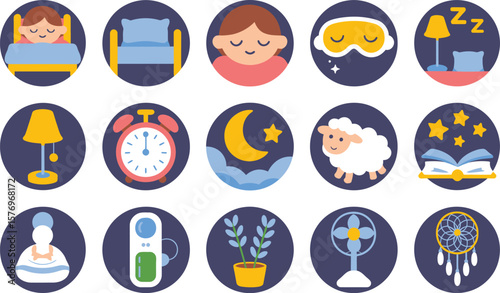 Sleep Icons Illustration Set with Bed Person Eye Mask Lamp Alarm Clock and More