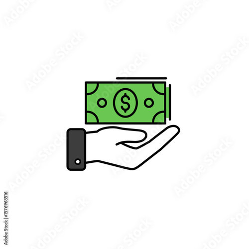 A helping hand offers a stack of cash, symbolizing financial support, donation, investment, or wealth, with a clean and simple design suitable for business and finance concepts.