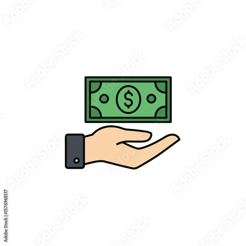 A cartoon illustration depicts a hand outstretched, offering a green dollar bill, symbolizing financial transactions and monetary concepts against a clean white backdrop.