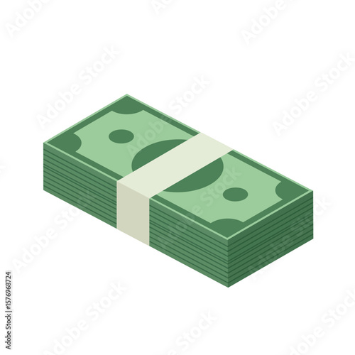 Isometric illustration of a stack of United States dollar bills secured with a white band, representing wealth, finance, and economic prosperity on a white background.