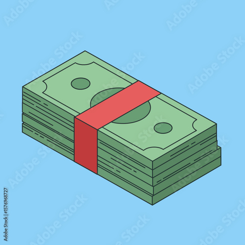 A stack of US dollar bills, tied with a red band, presented in a clean isometric illustration against a solid blue background.