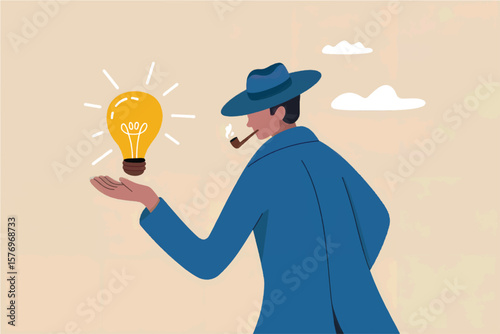 A man in a fedora and trench coat holds a glowing lightbulb with a pipe in his mouth isolated on transparent background