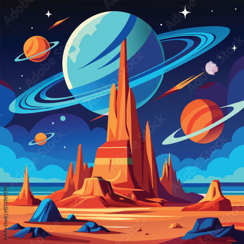 Fantastical alien landscape with towering orange spires and ringed planets