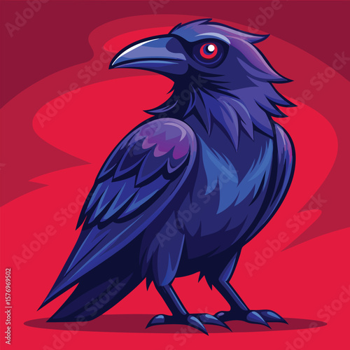 Dark purple crow with red eye bird blue