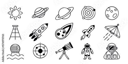 Vector Thin Linear Space Exploration Line Icon Set Featuring Rocket, Planet, Astronaut, Satellite, Moon, Comet, Space Station, and Telescope Symbols for Astronomy and Space Design