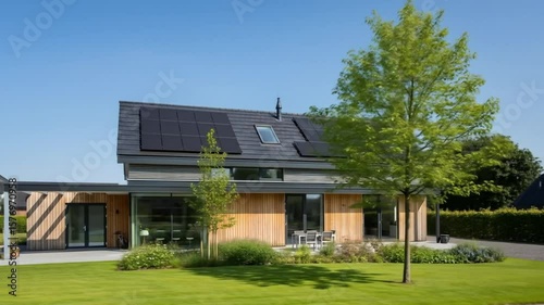 Wallpaper Mural Modern House with Solar Panels on Roof Surrounded by Green Lawn and Trees During Daylight Torontodigital.ca