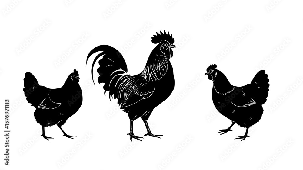 Fototapeta premium Silhouette of rooster and chickens in black on a transparent background