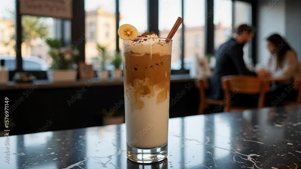 Indulge in creamy iced coffee footage featuring milk, cocoa, cinnamon, and caramelized banana, set in a stylish café with bright, natural light on black marble.