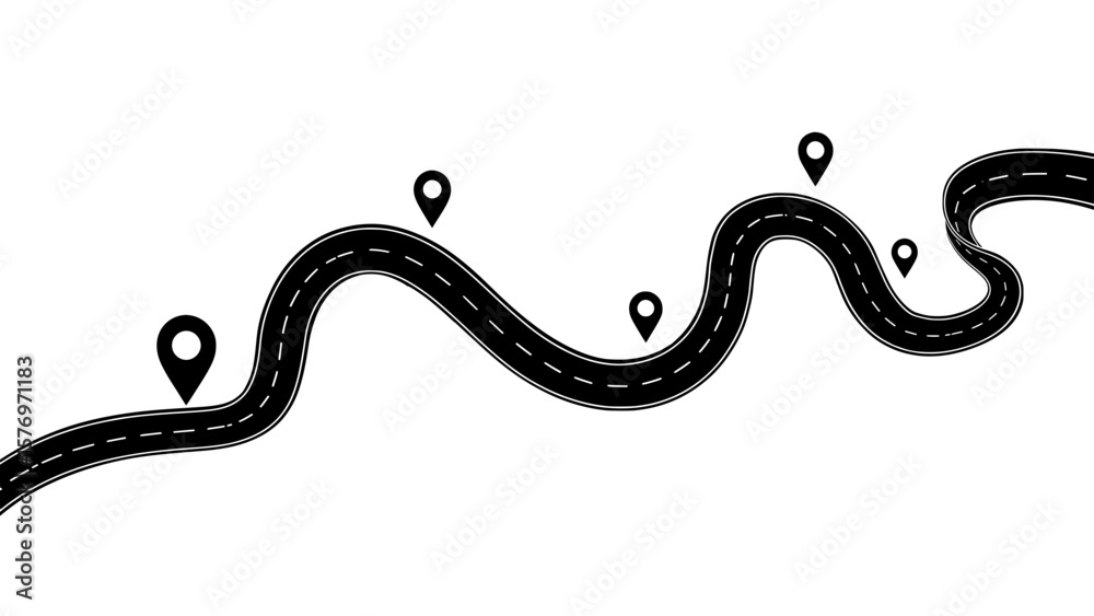 Fototapeta premium Curvy road with location markers on a transparent background