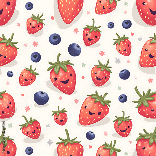 Cute cartoon strawberry and blueberry seamless pattern on a white background texture