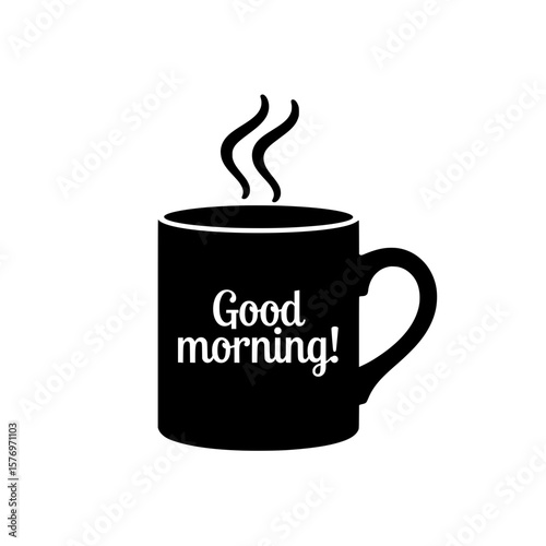Black coffee mug with steam and "Good morning!" text design  on a transparent background