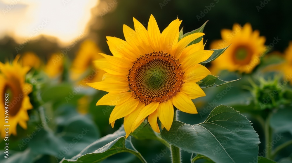 Fototapeta premium Bright Sunflower Bloom in a Vibrant Field During Sunset Hours with Soft Focus Background