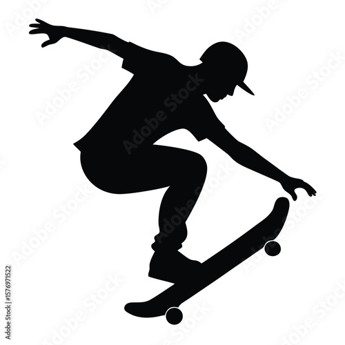 Silhouette of skateboarder performing a trick against white background depicting youth and street sports