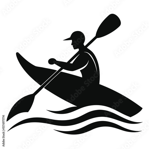 Silhouetted kayaker paddling in a kayak on a wavy body of water depicting water sports
