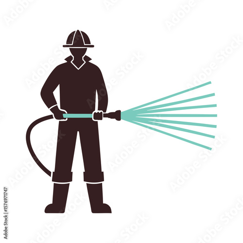 Silhouette of a Firefighter Spraying Water with a Hose
