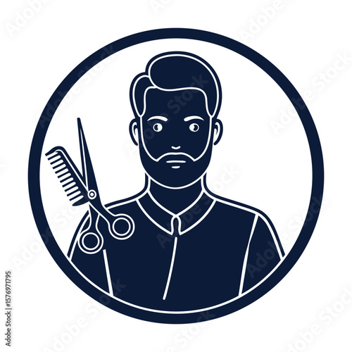 Silhouette of Barber Cutting Hair with Scissors and Comb