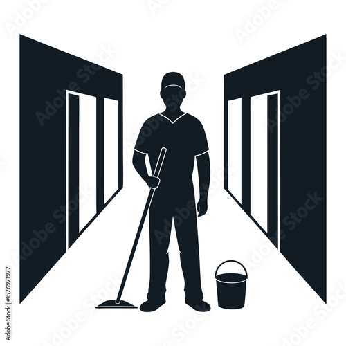 Silhouette of Janitor Mopping Floor with Bucket Nearby