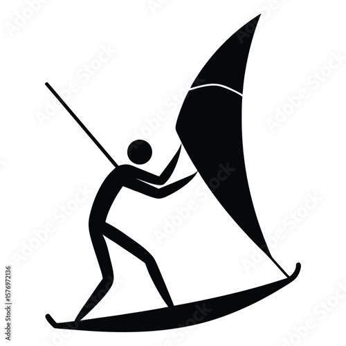 Simplified windsurfer silhouette depicting a person windsurfing with a sail on the water in black and white.