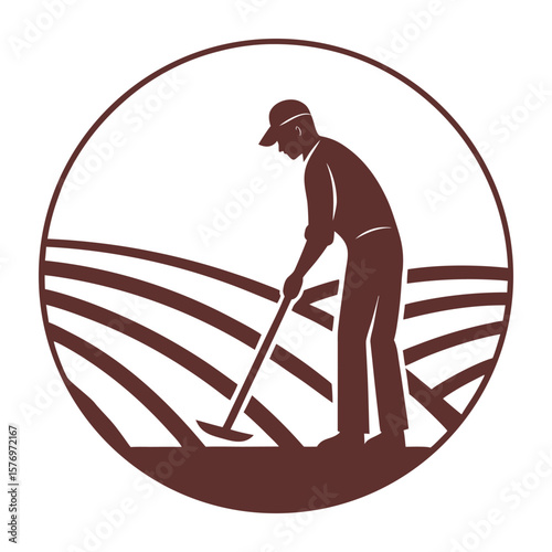 Silhouette of Farmer Plowing with Hoe — Agricultural Scene
