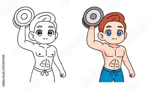 boy holding dumbbell coloring page for kids