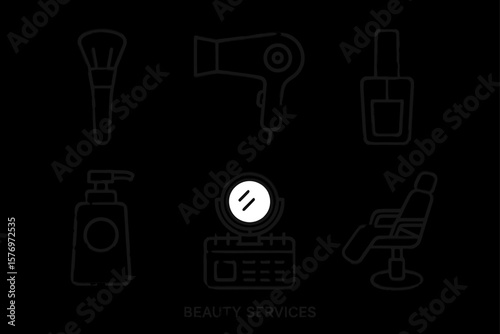 Beauty salon tools icons: brush, hairdryer, nail polish, lotion, mirror, chair