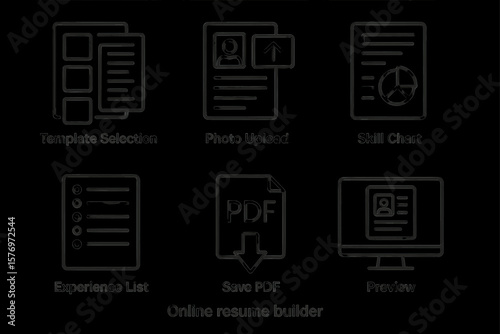 Online resume builder interface: template, upload, skills, experience, pdf export, preview