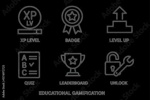 Illustrated icons for educational gamification elements: xp, level up, badge, quiz, unlock