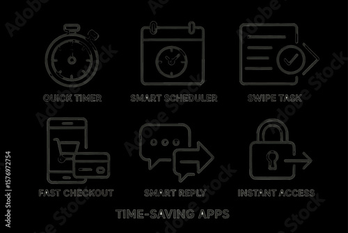 Time-saving apps: quick timer, smart scheduler, swipe task, fast checkout, smart reply, instant access