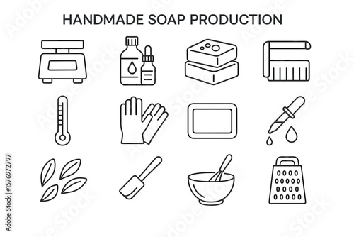 Handmade soap production icons: tools and ingredients for crafting