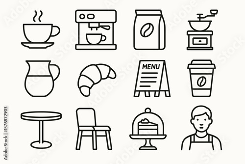 Coffee shop icons: espresso machine, croissant, barista, menu, grinder