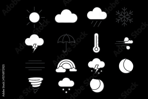 Set of monochrome weather icons displaying various atmospheric conditions