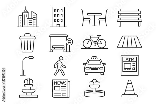City icons: buildings, transportation, furniture, and public services line art set