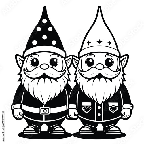 Two gnomes with pointy hats and beards illustration