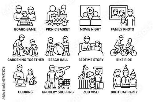 Family activities icon set - board games, picnics, movies, and more