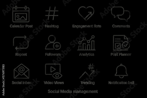 Social media management icons: calendar, hashtag, analytics, comments, bell