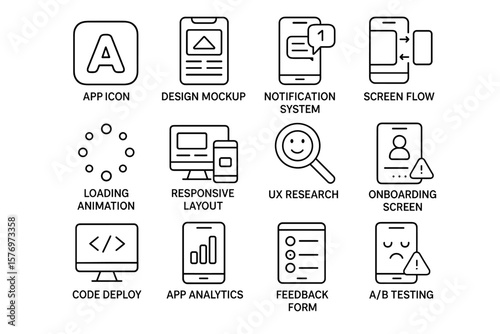 Mobile app development icons: design, notification, analytics, testing, onboarding