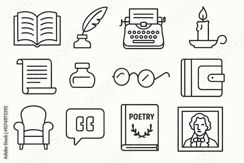 Literary icons: open book, quill, typewriter, candle, scroll, ink, glasses, pillow, poetry, portrait