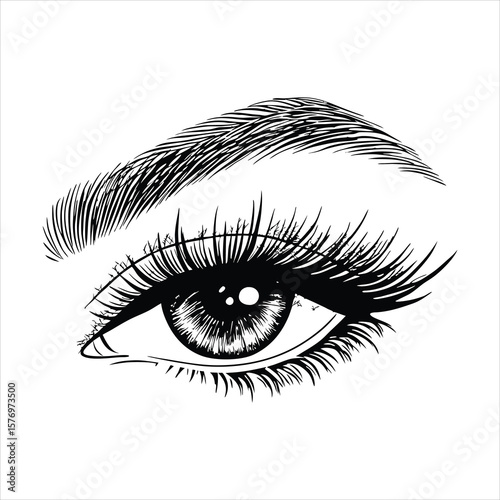 Captivating eye with long lashes and a defined eyebrow is the focus of this detailed illustration, isolated on white background