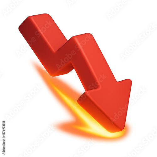 3D red arrow crashing downward with glowing yellow trail, visualizing dramatic price drops or financial downturn in bold and urgent style