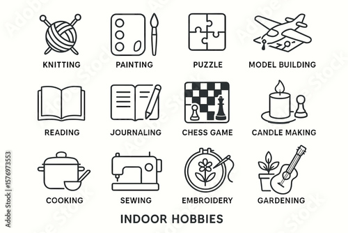 Indoor hobbies icons: knitting, painting, puzzle, model building, reading, journaling
