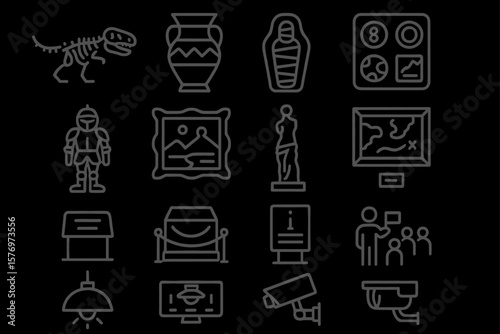 Museum icon set: fossils, artifacts, surveillance, education, exploration