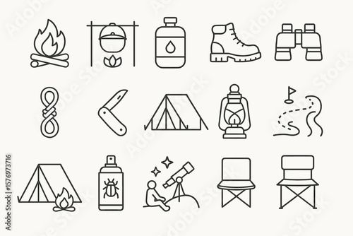 Camping icons collection: gear, activities, outdoor essentials, and adventure symbols
