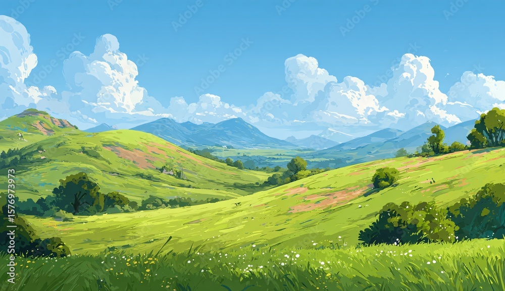 Obraz premium Sun-Kissed Hills: A breathtaking vista of rolling green hills bathed in the golden glow of the sun