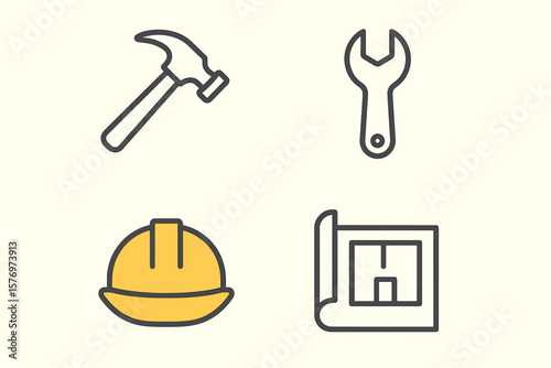 Construction tools and blueprint icons: hammer, wrench, hard hat, blueprint
